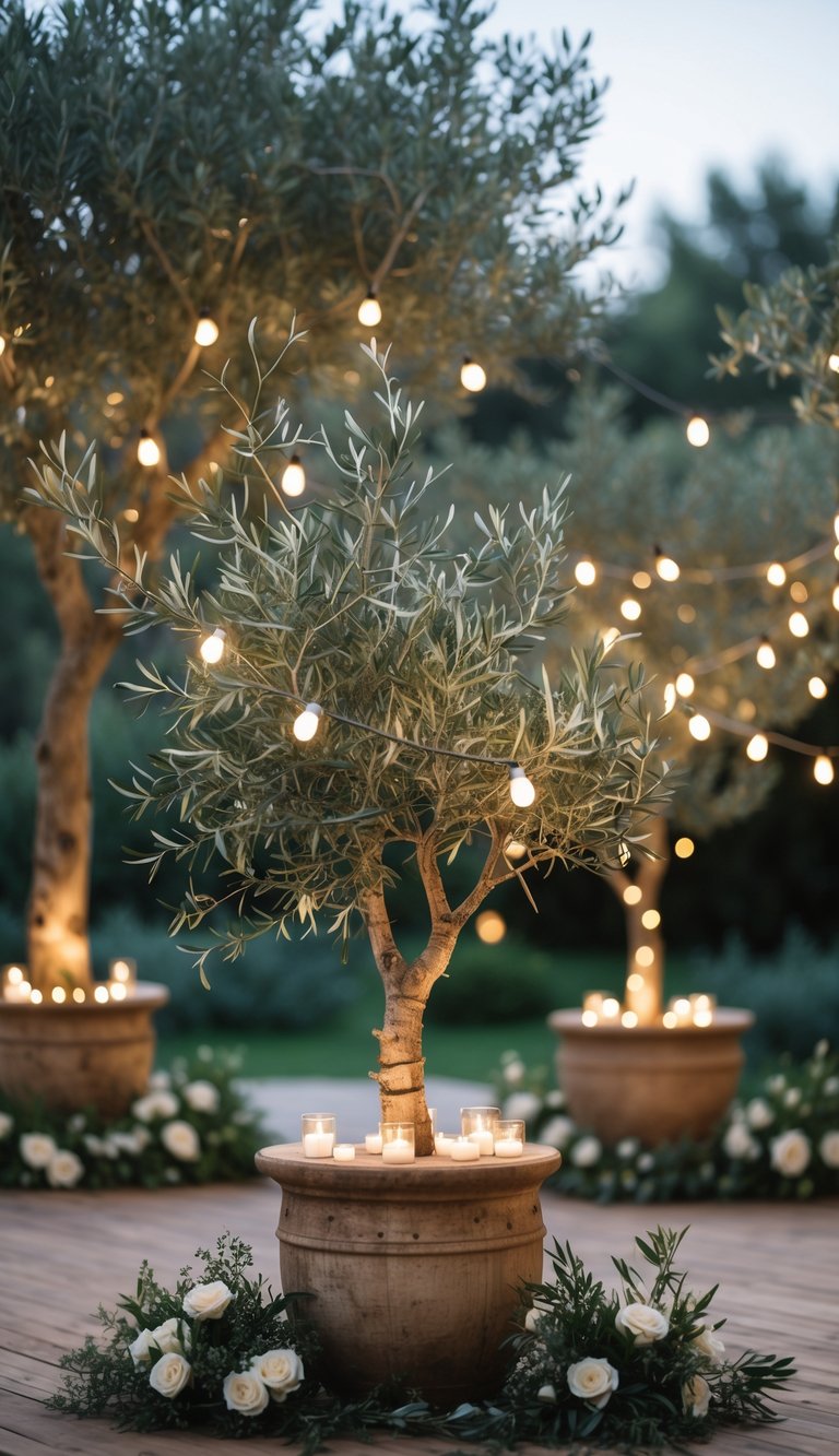 Potted olive trees wrapped in soft string lights arranged as part of a wedding altar decoration.